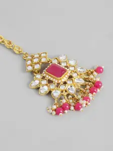 Peora Gold-Plated Pink Kundan Pearls Necklace Earring Maang Tikka Jewellery Set