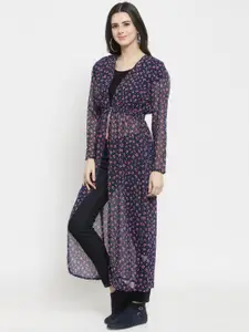Sera Women Navy Blue & Pink Floral Printed Longline Button Shrug