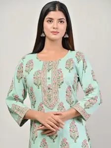 Swasti Women Green & Peach-Coloured Ethnic Motifs Printed Floral Kurta