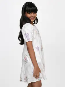 AND Girls White Floral Linen A-Line Dress