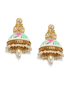 Rubans Gold-Toned & White Hand Painted Kundan Jhumkas