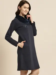 Sweet Dreams Navy Blue Solid Faux Fur Cowl Neck Nightdress