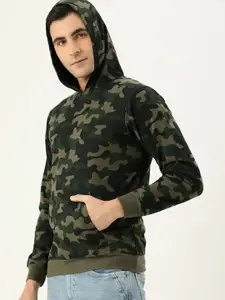 VEIRDO Men Olive Green Printed Hooded Sweatshirt