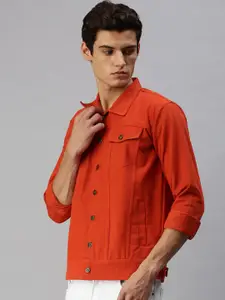 VOXATI Men Orange Solid Denim Jacket