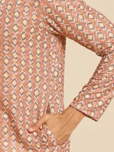 KISAH Men Peach-Coloured Floral Embroidered Kurta with Churidar
