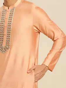 KISAH Men Orange Solid Cotton Blend Kurta with Churidar