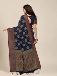 MS RETAIL Women Navy Blue & Gold-Toned Woven Design Zari Pure Cotton Chanderi Saree