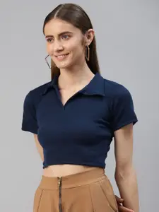 AAHWAN Navy Blue Basic Collared Crop Top