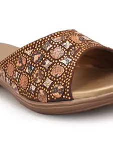 Style Shoes Women Brown Embellished Open Toe Flats