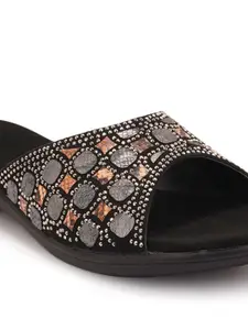 Style Shoes Women Black Embellished Party Open Toe Flats