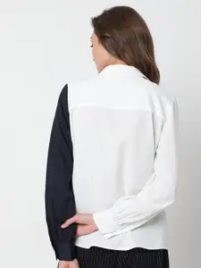 Vero Moda Women White & Navy Blue Colourblocked Polyester Casual Shirt