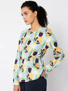 Vero Moda Blue & Yellow Floral Print Cinched Waist Top