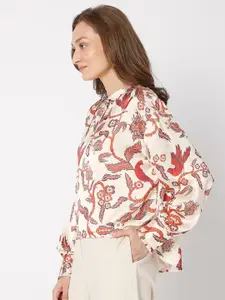 Vero Moda Beige & Red Floral Print Mandarin Collar Top