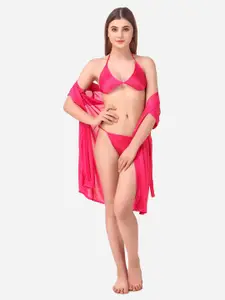 Romaisa Pink Solid Satin Above knee length Robe with Bra & Thong