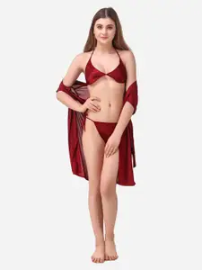 Romaisa Maroon Solid Satin Above knee length Robe with Bra & Thong