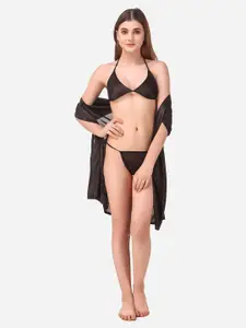 Romaisa Black Solid Satin Above knee length Robe with Bra & Thong