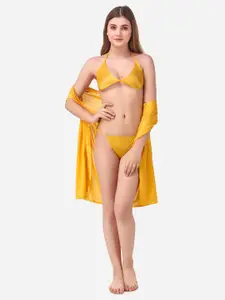 Romaisa Yellow Solid Satin Above knee length Robe with Bra & Thong