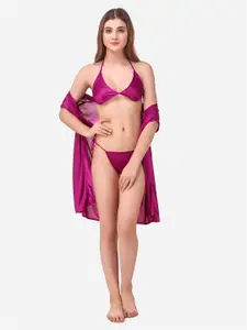 Romaisa Magenta Solid Satin Above knee length Robe with Bra & Thong