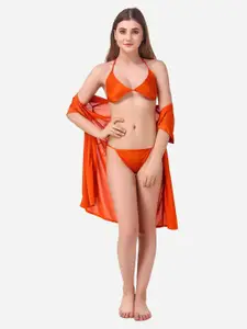 Romaisa Orange Solid Satin Above knee length Robe With Bra & Thong