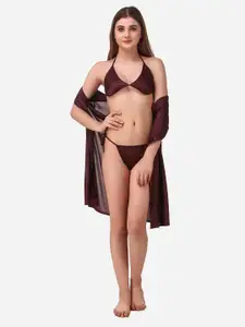 Romaisa Brown Solid Satin Above knee length Robe with Bra & Thong