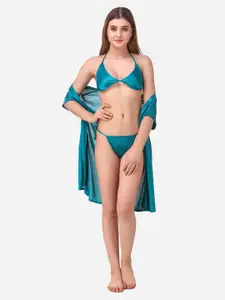 Romaisa Blue Solid Satin Above knee length Robe with Bra & Thong