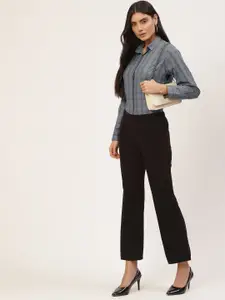 English Navy Women Grey Regular Fit Checked Formal Shirt
