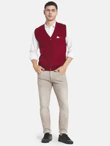 Monte Carlo Men Maroon Solid Wool V Neck Cardigan