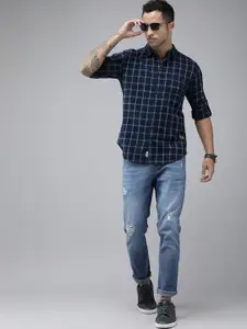 Roadster Men Navy Blue Pure Cotton Checked Casual Shirt