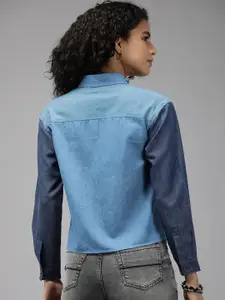 The Roadster Life Co. Ocean Blue Block & Patch Pure Cotton Chambray Casual Shirt