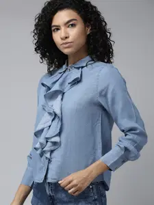 The Roadster Lifestyle Co. Pure Cotton Ruffle Detailed Chambray Casual Shirt