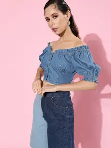 Roadster Women Bloomy Blue Bustier Crop Off-Shoulder Smocked Pure Cotton Denim Crop Top