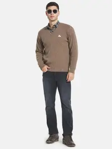 Monte Carlo Men Beige Solid Lambs Wool V Neck Pullover