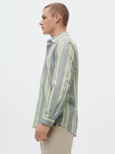MANGO MAN Grey & Yellow Pure Cotton Striped Casual Shirt