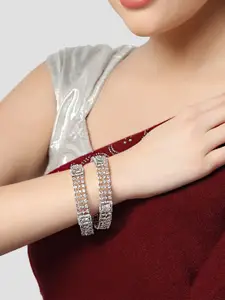 KARATCART Set Of 2 Silver-Toned Silver-Plated AD Studded Bangle