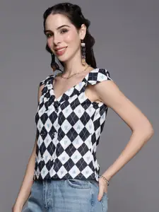 SASSAFRAS Navy Blue & White Geometric Print Double Breasted Top