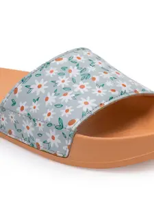 Red Tape Women Orange & Blue Printed Floral Rubber Sliders
