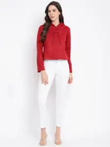 Latin Quarters Women Maroon Solid Hooded Crop Pullover Sweater
