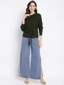 Latin Quarters Women Green Self Design Acrylic Pullover