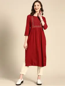 Sangria Women Maroon Floral Yoke Design Kurta