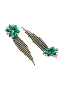 Yellow Chimes Green Floral Shaped Crystal Long Chain Dangler Earrings