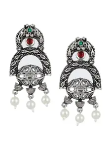Priyaasi Silver-Plated & White Pearl Studded Oxidised Drop Earrings