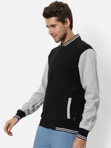 Campus Sutra Men Black Geometric Checked Windcheater Outdoor Tailored Jacket with Embroidered