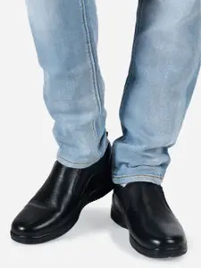 ID Men Black Solid Leather Formal Slip-Ons