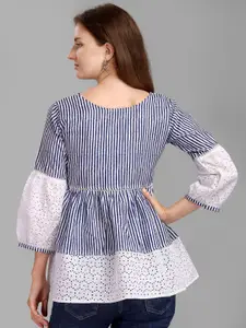 GUFRINA Blue & White Striped Round Neck Peplum Polycotton Top