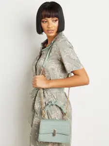 Styli Women Green Textured Flap Over Satchel Handbag with Chain Strap