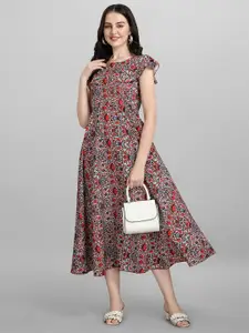 LONDON BELLY Red & Beige Floral Printed Midi Dress