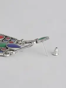 Sangria Silver-Toned & Red Geometric Enamelled Drop Earrings