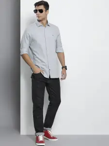 Tommy Hilfiger Men Grey Melange Solid Slim Fit Pure Cotton Casual Shirt