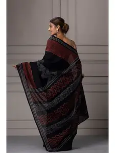Geroo Jaipur Black & Grey Pure Cotton Saree