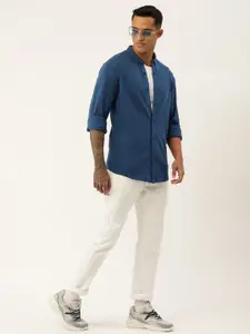 FOREVER 21 Men Navy Blue Solid Pure Cotton Casual Shirt